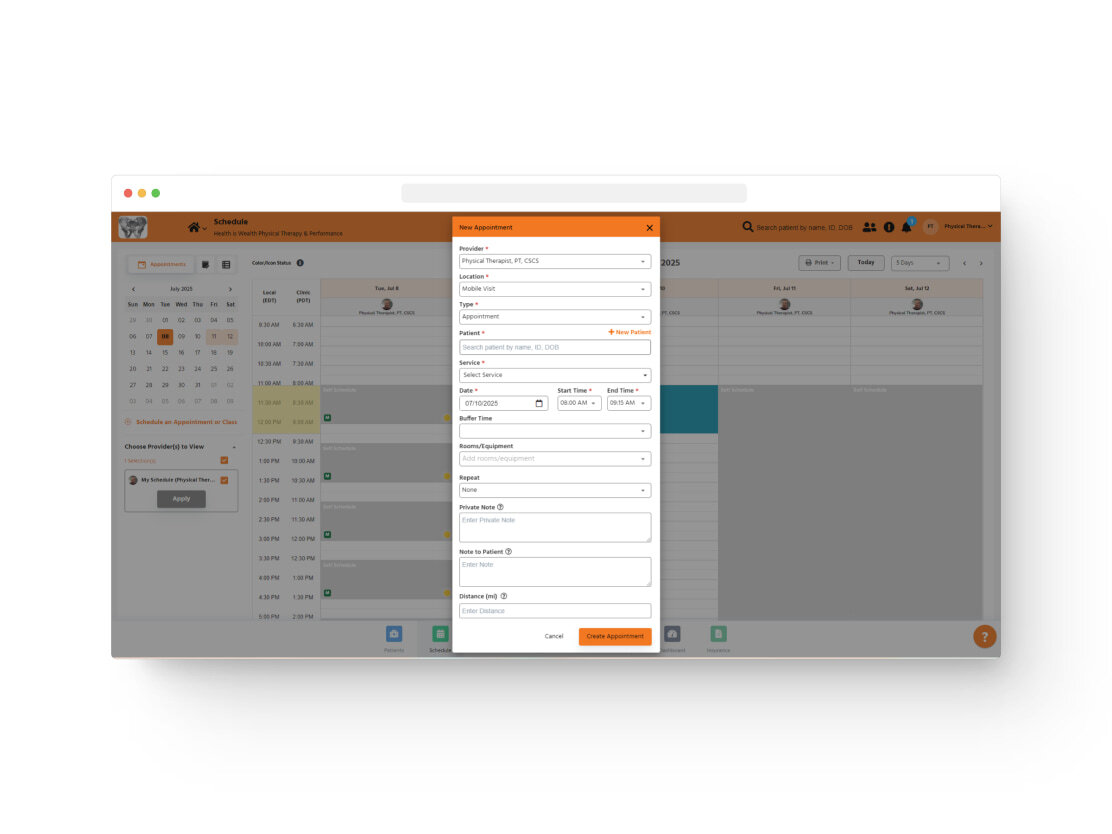 physical therapy emr software scheduling interface