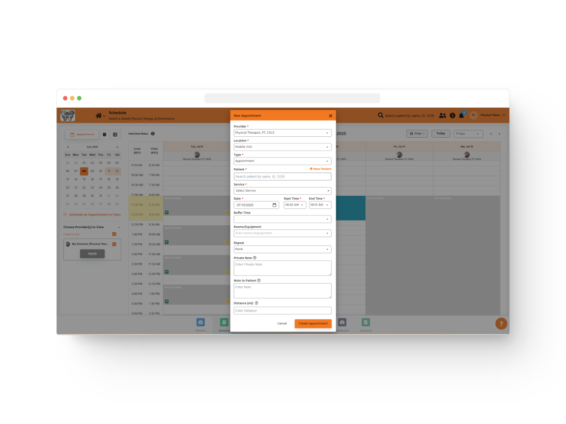 physical therapy emr software scheduling interface