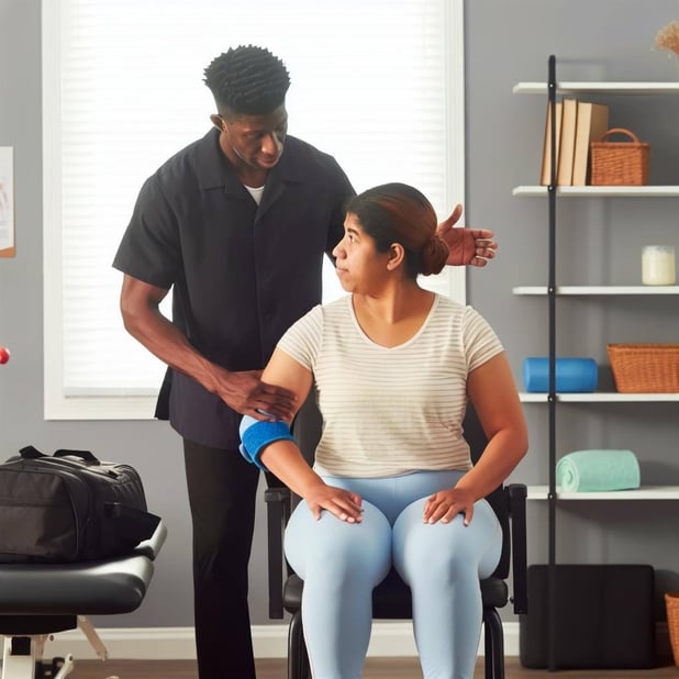 An image of a physical therapist providing inhome care to a patient covered by Medicare for physical therapy services