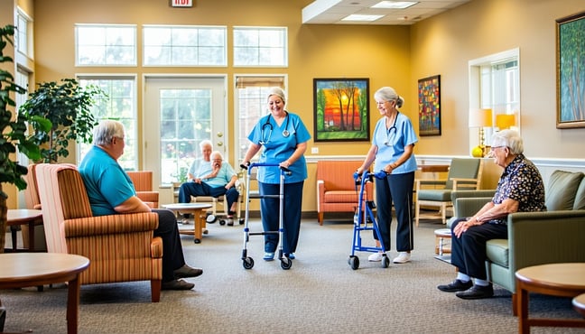 The image depicts a bright and welcoming skilled nursing facility, featuring a spacious, welllit common area filled with comfortable seating and vibra