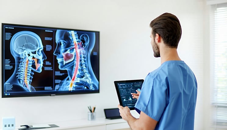 The image depicts a medical office setting, featuring a sleek, modern examination room