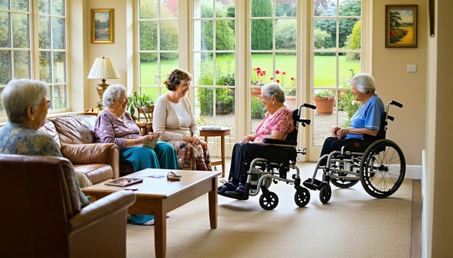 The image depicts a serene nursing home environment, featuring a spacious common area with large windows that allow natural light to flood in