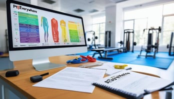 The image depicts a wellorganized office space dedicated to physical therapy, featuring a large desk with a computer displaying a colorful interface o-1