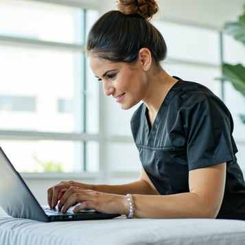 comprehensive emr system physical therapy being used on laptop by physical therapistFrom camera angle of looking at back of laptopopposite-2