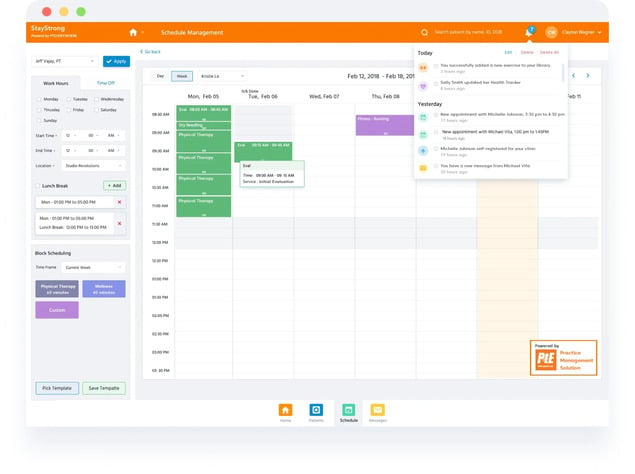 physical therapy software interface for scheduling