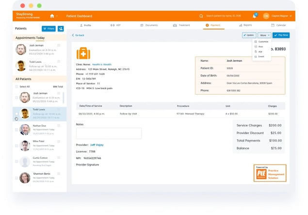 physical therapy software interface for payments and billing