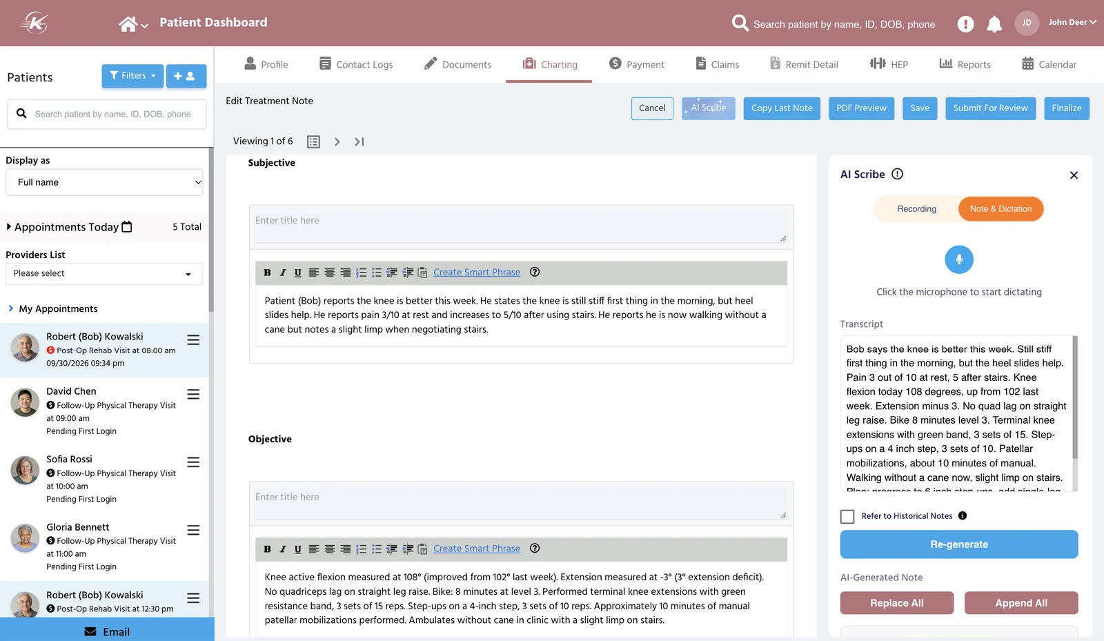 PtEverywhere AI Scribe: the session transcript beside the generated SOAP note, with Subjective and Objective already filled in
