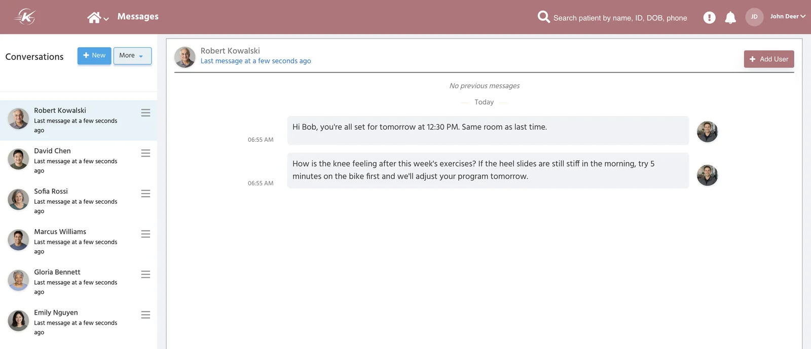 PtEverywhere secure messaging: the clinic's patient conversations listed beside an open thread with a patient about tomorrow's appointment