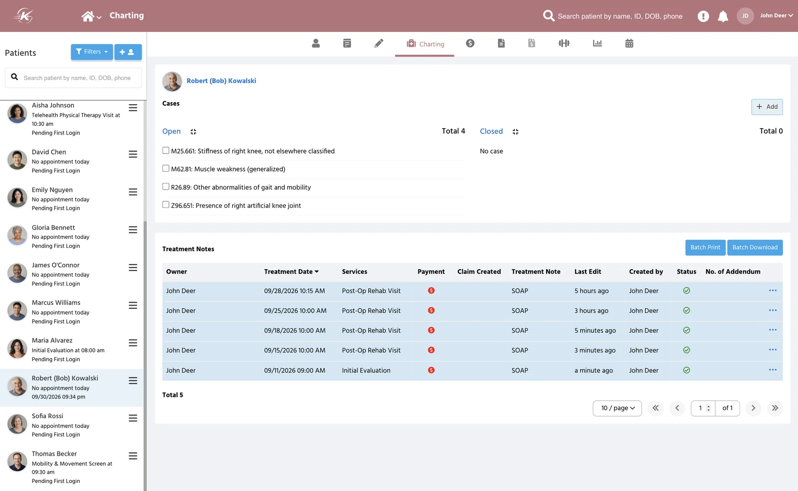 PtEverywhere EMR charting: a patient's open cases with ICD-10 codes and signed SOAP treatment notes