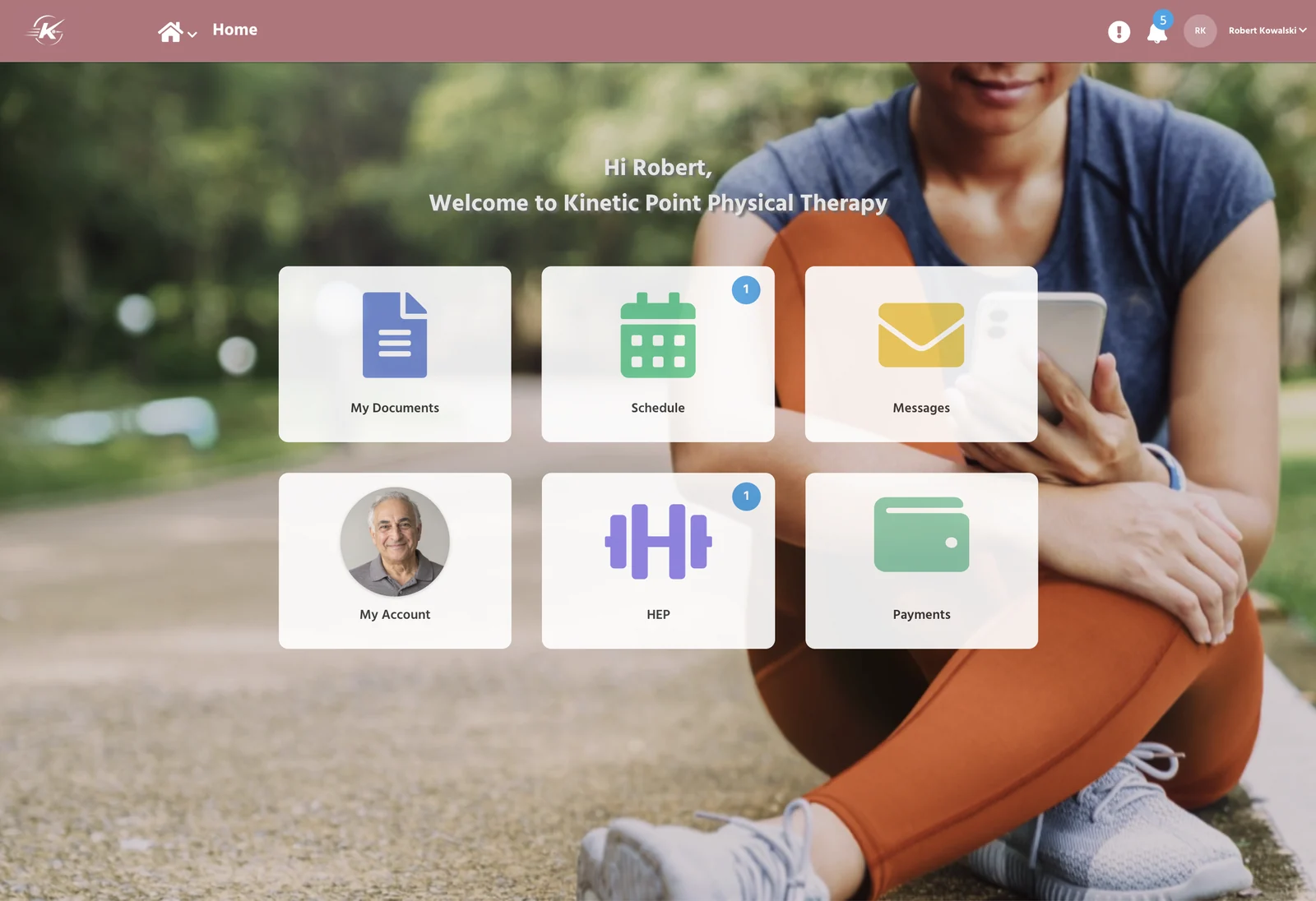 PtEverywhere patient portal: a patient's home screen with documents, schedule, messages, HEP, payments and account in one place