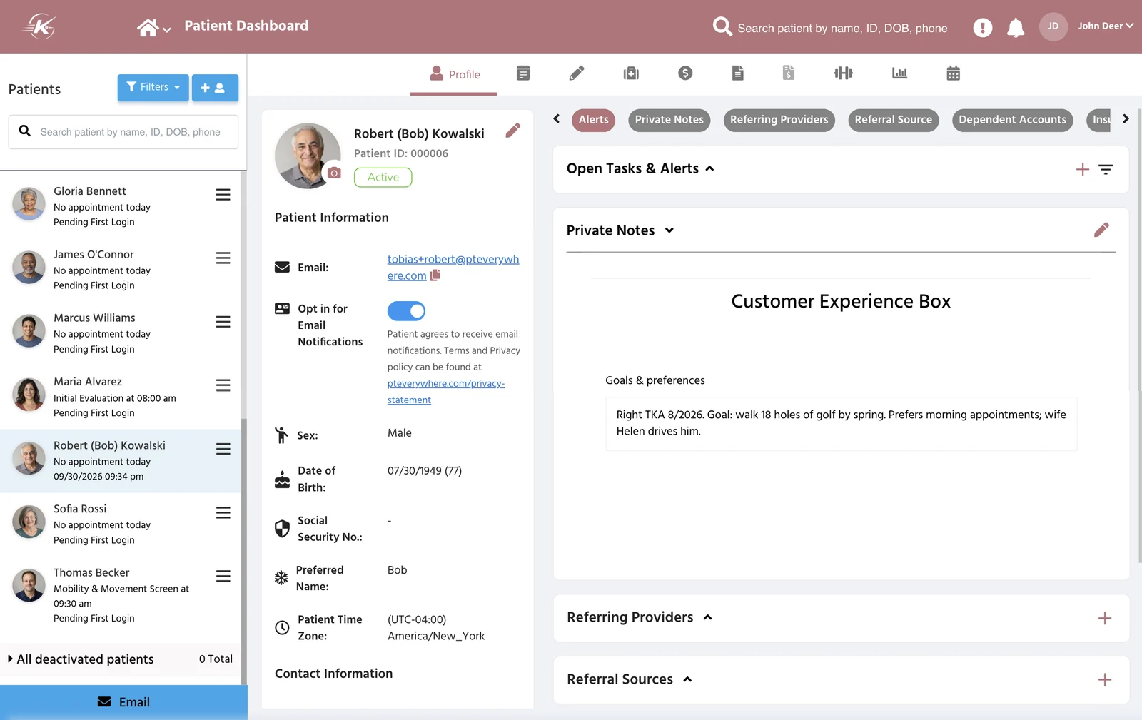PtEverywhere EMR patient chart: profile, contact details and private notes beside the clinic's patient list