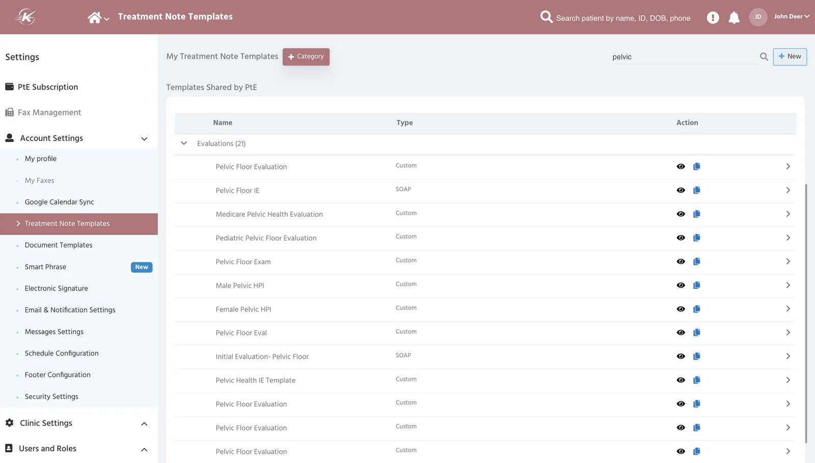 PtEverywhere treatment note templates filtered to pelvic health: pelvic floor evaluations, male and female pelvic HPI, and pediatric pelvic floor templates ready to copy