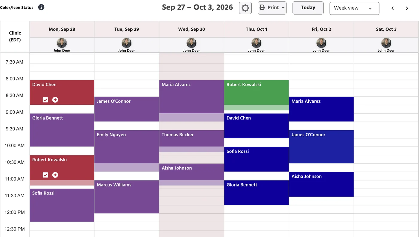 PtEverywhere scheduling: a week of patient appointments on the clinic calendar